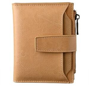 Women's Tan Faux Leather Bifold Wallet with Zipper Coin Pocket & Snap Closure